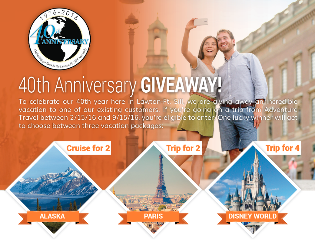 To celebrate our 40th year here in Lawton-Ft. Sill, we are giving away an incredible vacation to one of our existing customers. If you’re going on a trip from Adventure Travel between 2/15/16 and 9/15/16, you’re eligible to enter. One lucky winner will get to choose between three vacation packages: